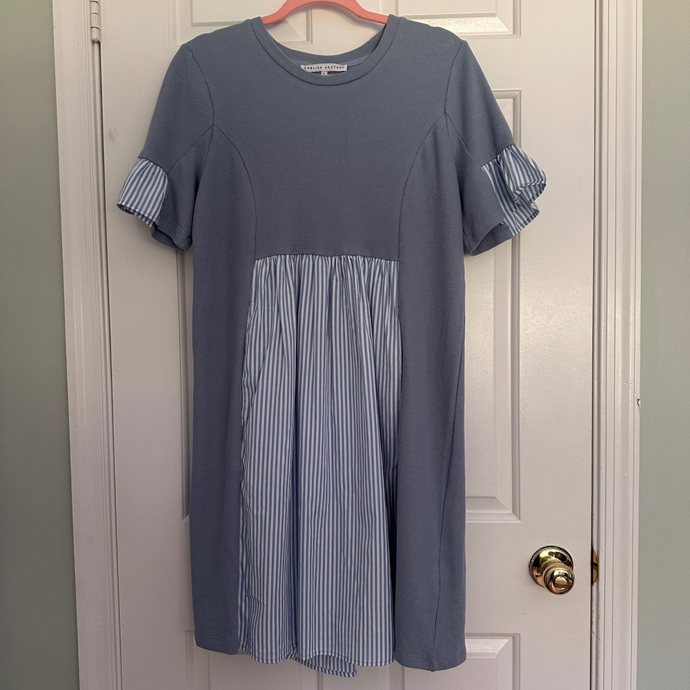 English Factory Blue Mixed Media Striped Ruffle Mini Dress Large Womens Preppy